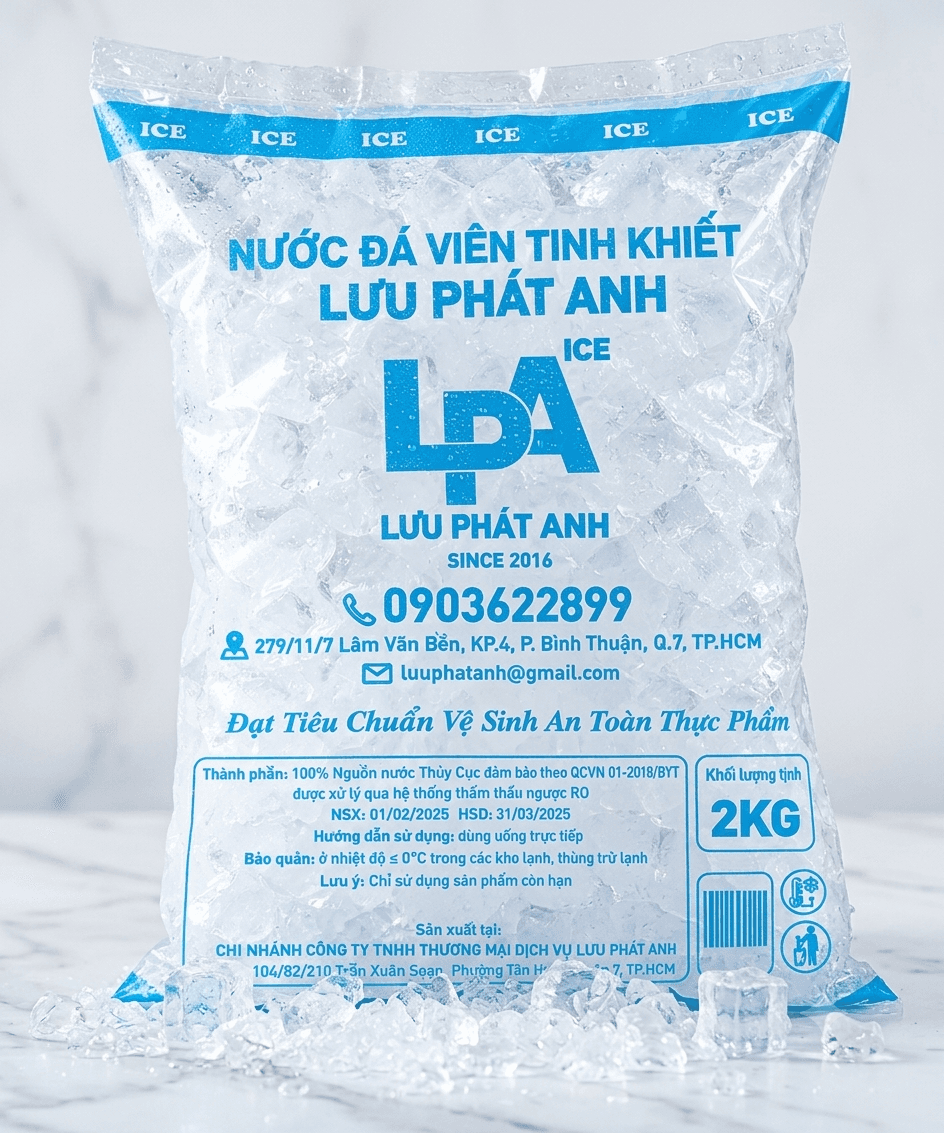 Đá viên tinh khiết đổ từ túi LPA
